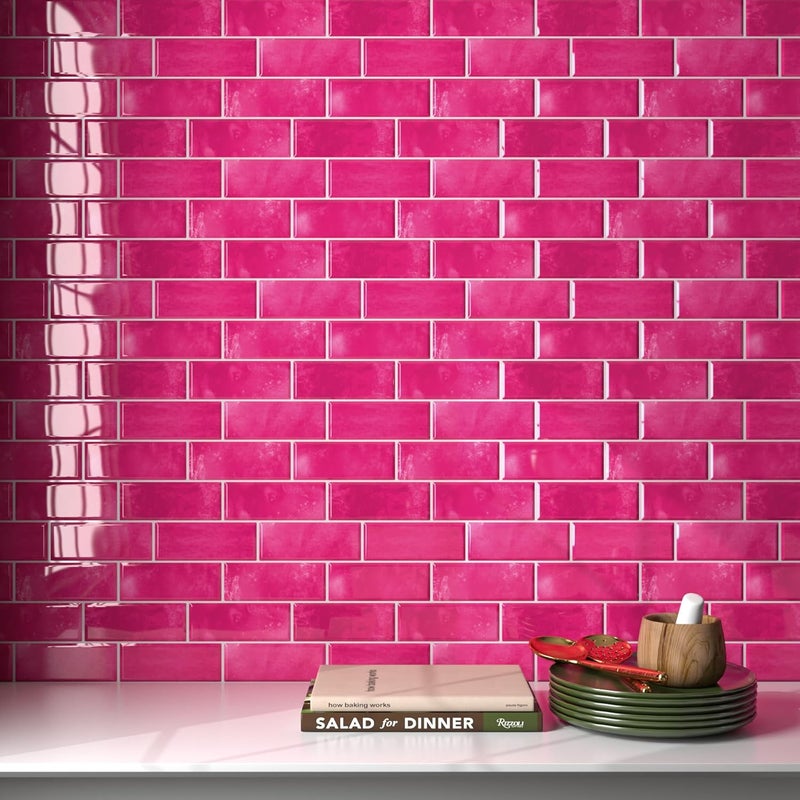 Decotalk Backsplash Tile Peel and Stick 15-Pack Hot Pink Kitchen Backsplash Tiles Peel & Stick 12x12 Inch Subway Tile Backsplash for Kitchen Wall Hot Pink Subway Backsplash for Bathroom Waterproof - Image 4